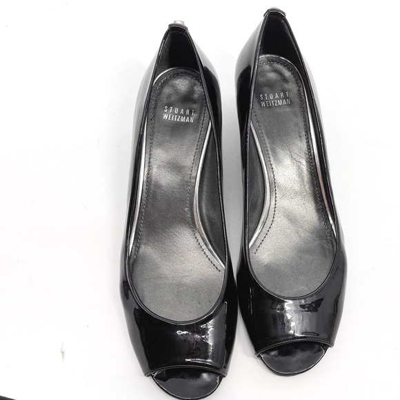 Stuart Weitzman Black Patent Leather Peep Toe Wedge Pumps Size 10.5 M - Picture 8 of 13